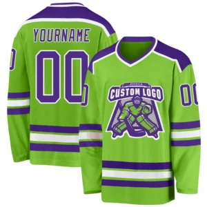 Custom Neon Green Hockey Jersey with Purple-White
