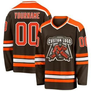 Custom Brown Hockey Jersey with Orange-White