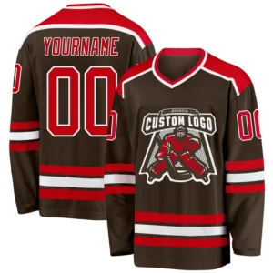 Custom Brown Hockey Jersey with Red-White