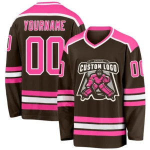 Custom Brown Hockey Jersey with Pink-White