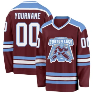 Custom Burgundy Hockey Jersey with White-Light Blue