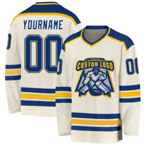 Custom Cream Hockey Jersey with Royal-Gold