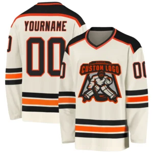 Custom Cream Hockey Jersey with Black-Orange