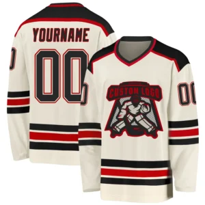 Custom Cream Hockey Jersey with Black-Red