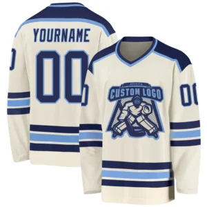 Custom Cream Hockey Jersey with Navy-Light Blue