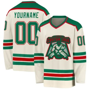 Custom Cream Hockey Jersey with Kelly Green-Red