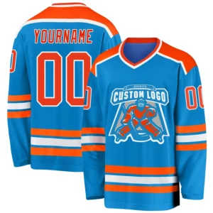 Custom Blue Hockey Jersey with Orange-White