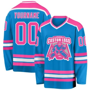 Custom Blue Hockey Jersey with Pink-White