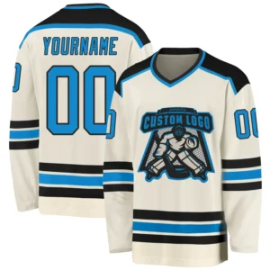 Custom Cream Hockey Jersey with Blue-Black