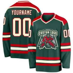 Custom Green Hockey Jersey with Red-Cream