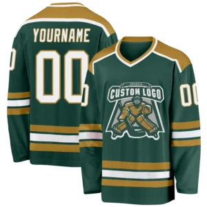 Custom Green Hockey Jersey with White-Old Gold