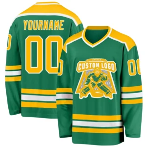 Custom Kelly Green Hockey Jersey with Gold-White
