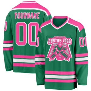 Custom Kelly Green Hockey Jersey with Pink-White