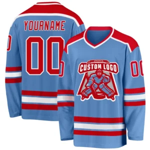 Custom Light Blue Hockey Jersey with Red-White