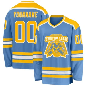 Custom Light Blue Hockey Jersey with Gold-White