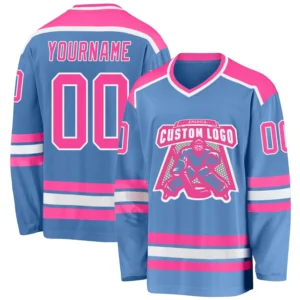 Custom Light Blue Hockey Jersey with Pink-White