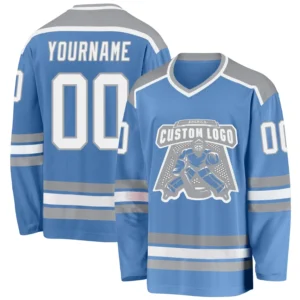 Custom Light Blue Hockey Jersey with White-Gray