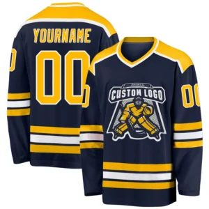 Custom Navy Hockey Jersey with Gold-White