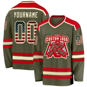 Custom Olive Hockey Jersey with USA Flag Cream-Red