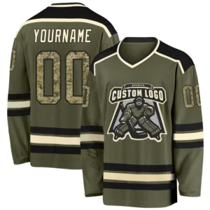 Custom Olive Hockey Jersey with Camo Black-Cream
