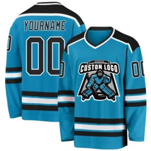 Custom Panther Blue Hockey Jersey with Black-White