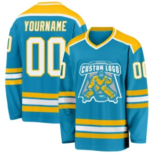 Custom Panther Blue Hockey Jersey with Gold-White