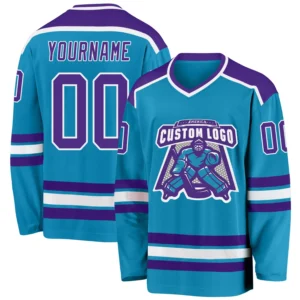Custom Panther Blue Hockey Jersey with Purple-White