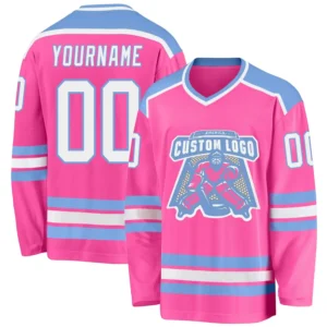 Custom Pink Hockey Jersey with White-Light Blue
