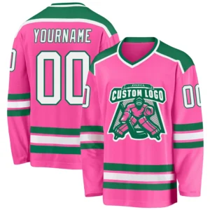 Custom Pink Hockey Jersey with White-Kelly Green