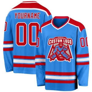 Custom Powder Blue Hockey Jersey with Red-White