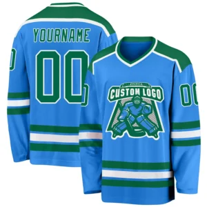 Custom Powder Blue Hockey Jersey with Kelly Green-White
