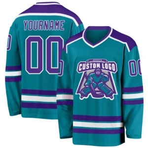 Custom Teal Hockey Jersey with Purple-White
