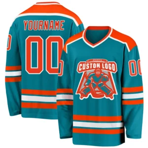 Custom Teal Hockey Jersey with Orange-White