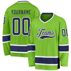 Custom Neon Green Hockey Jersey with Navy-White