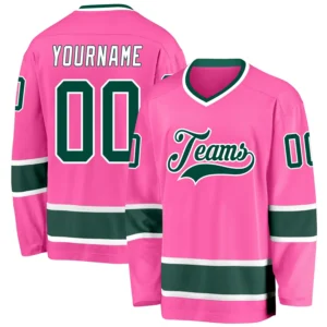 Custom Pink Hockey Jersey with Green-White