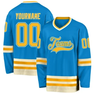 Custom Blue Hockey Jersey with Gold-Cream