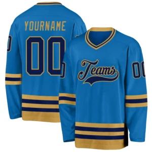 Custom Blue Hockey Jersey with Navy-Old Gold