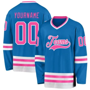 Custom Blue Hockey Jersey with Pink-White