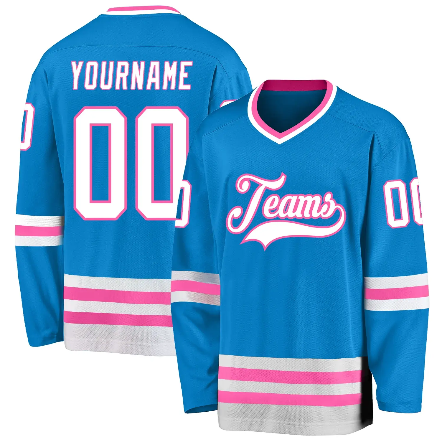 Custom Blue Hockey Jersey with White-Pink