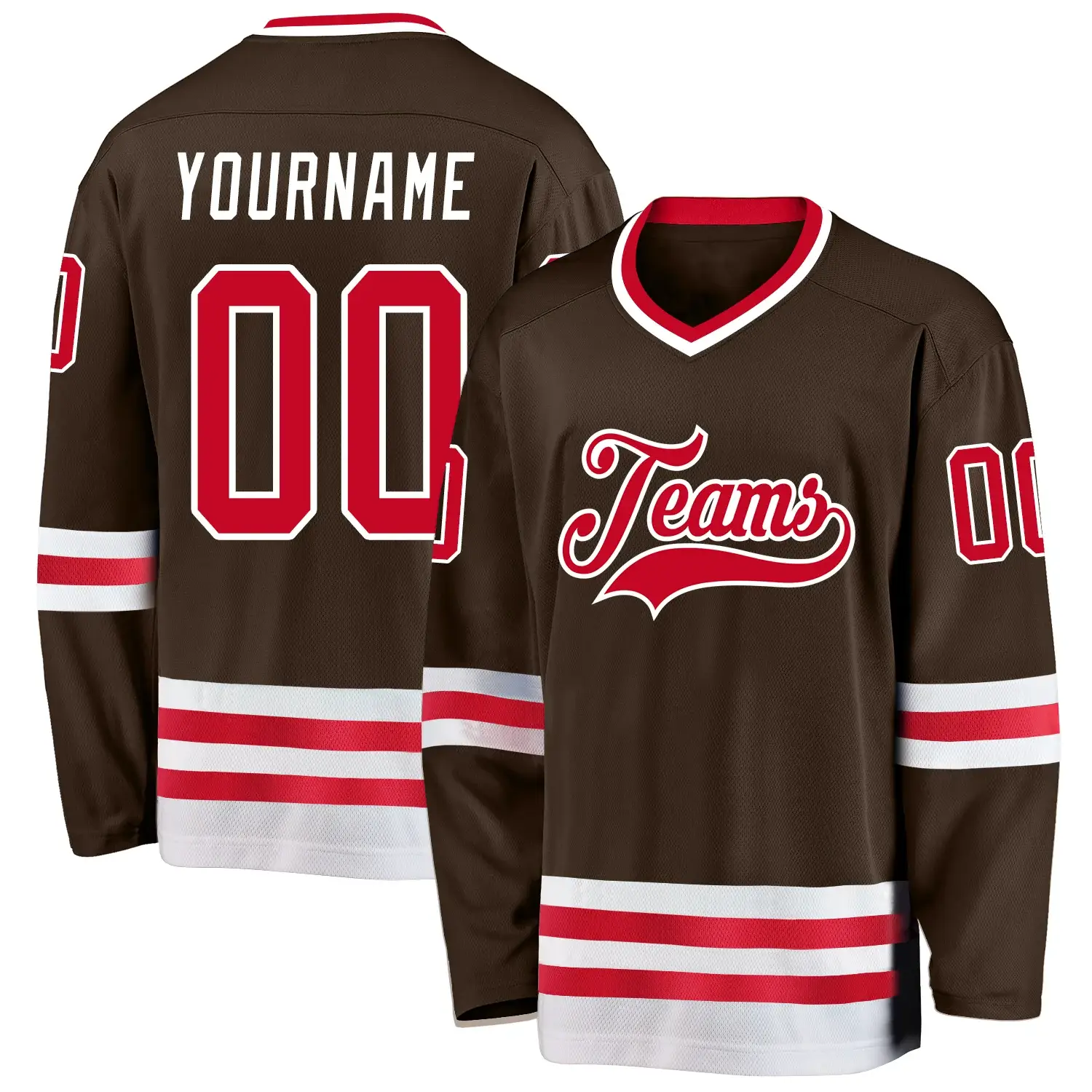 Custom Brown Hockey Jersey with Red-White