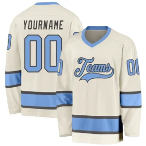 Custom Cream Hockey Jersey with Light Blue-Steel Gray