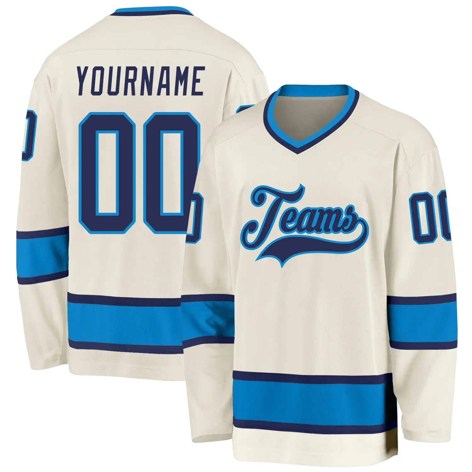 Custom Cream Hockey Jersey with Navy-Blue