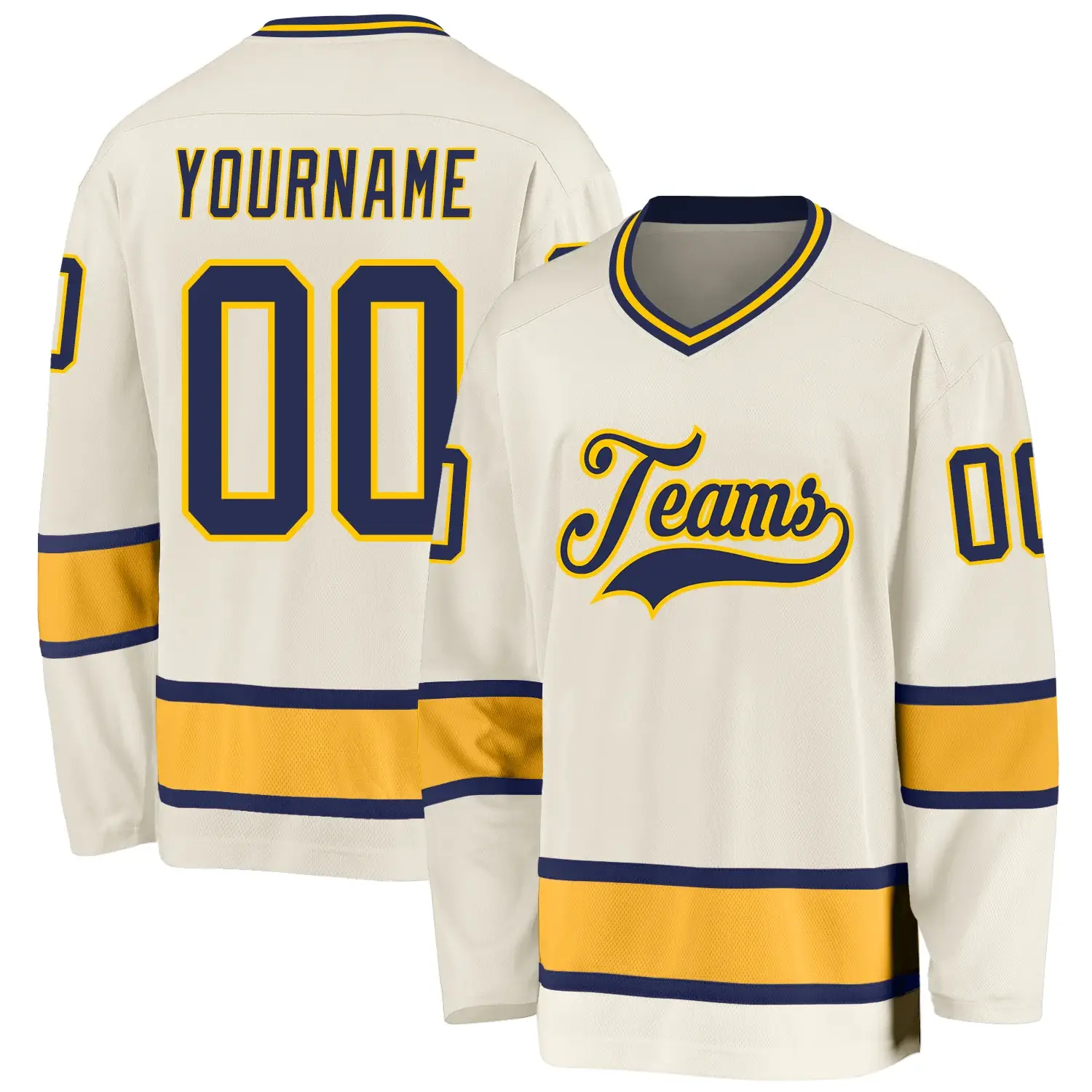 Custom Cream Hockey Jersey with Navy-Gold