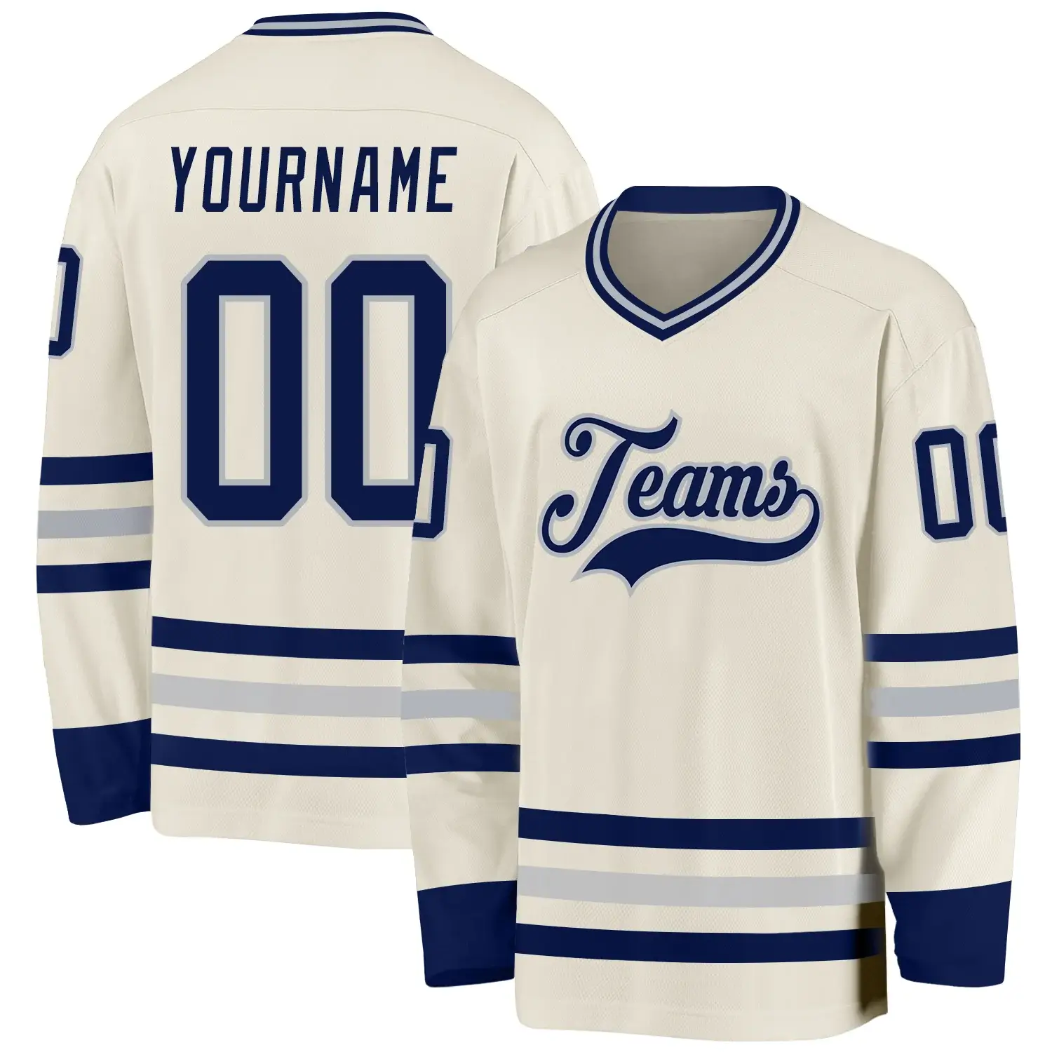 Custom Cream Hockey Jersey with Navy-Gray