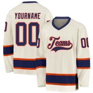 Custom Cream Hockey Jersey with Navy-Orange