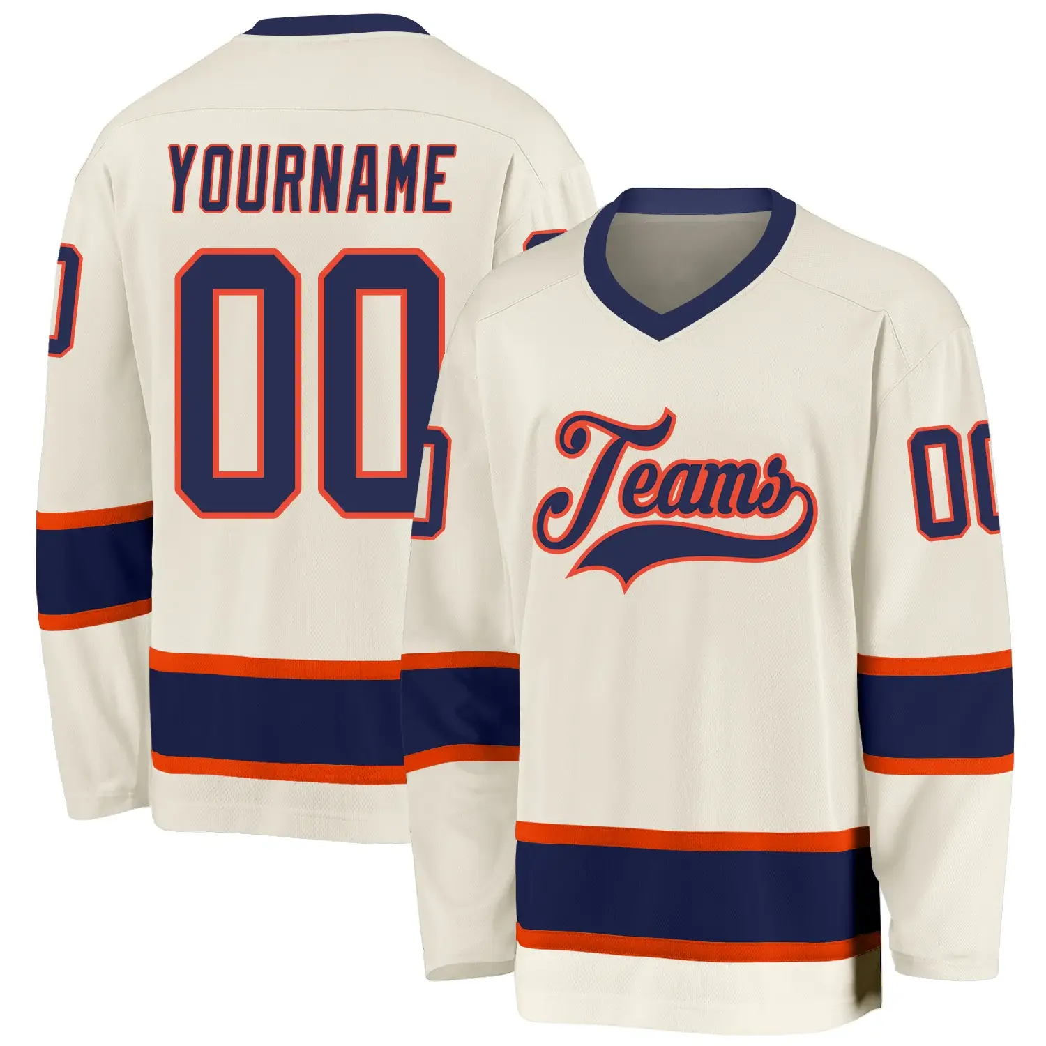 Custom Cream Hockey Jersey with Navy-Orange