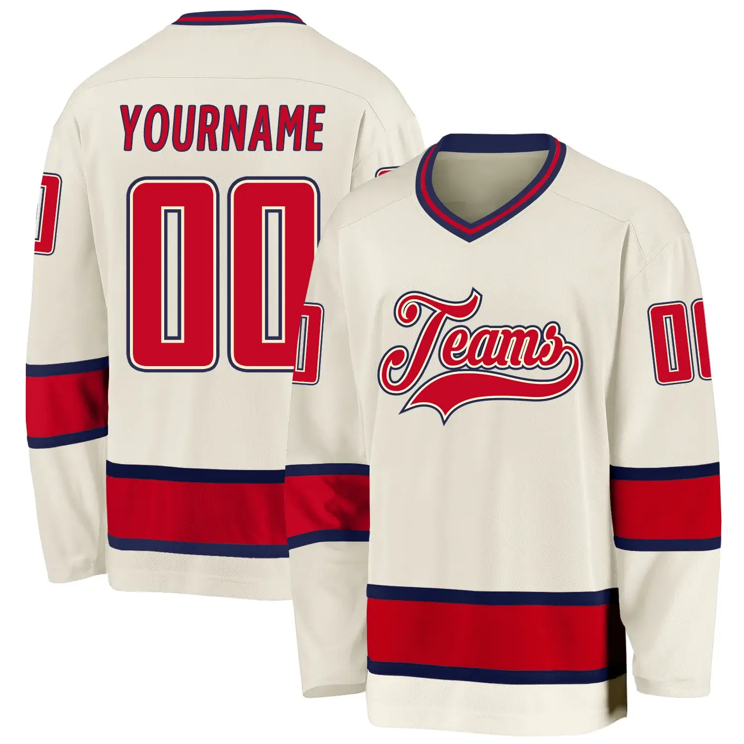 Custom Cream Hockey Jersey with Red-Navy