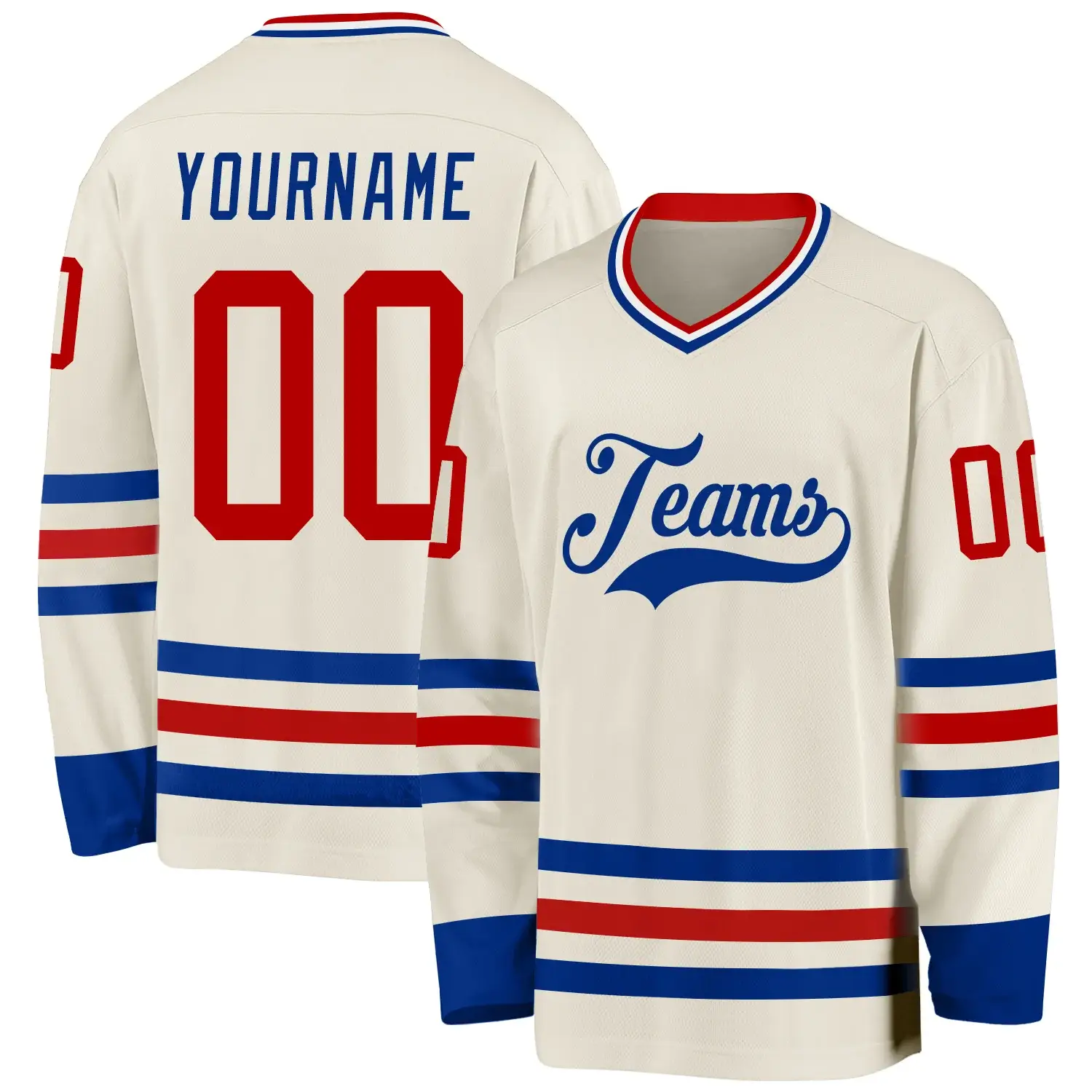 Custom Cream Hockey Jersey with Red-Royal-White