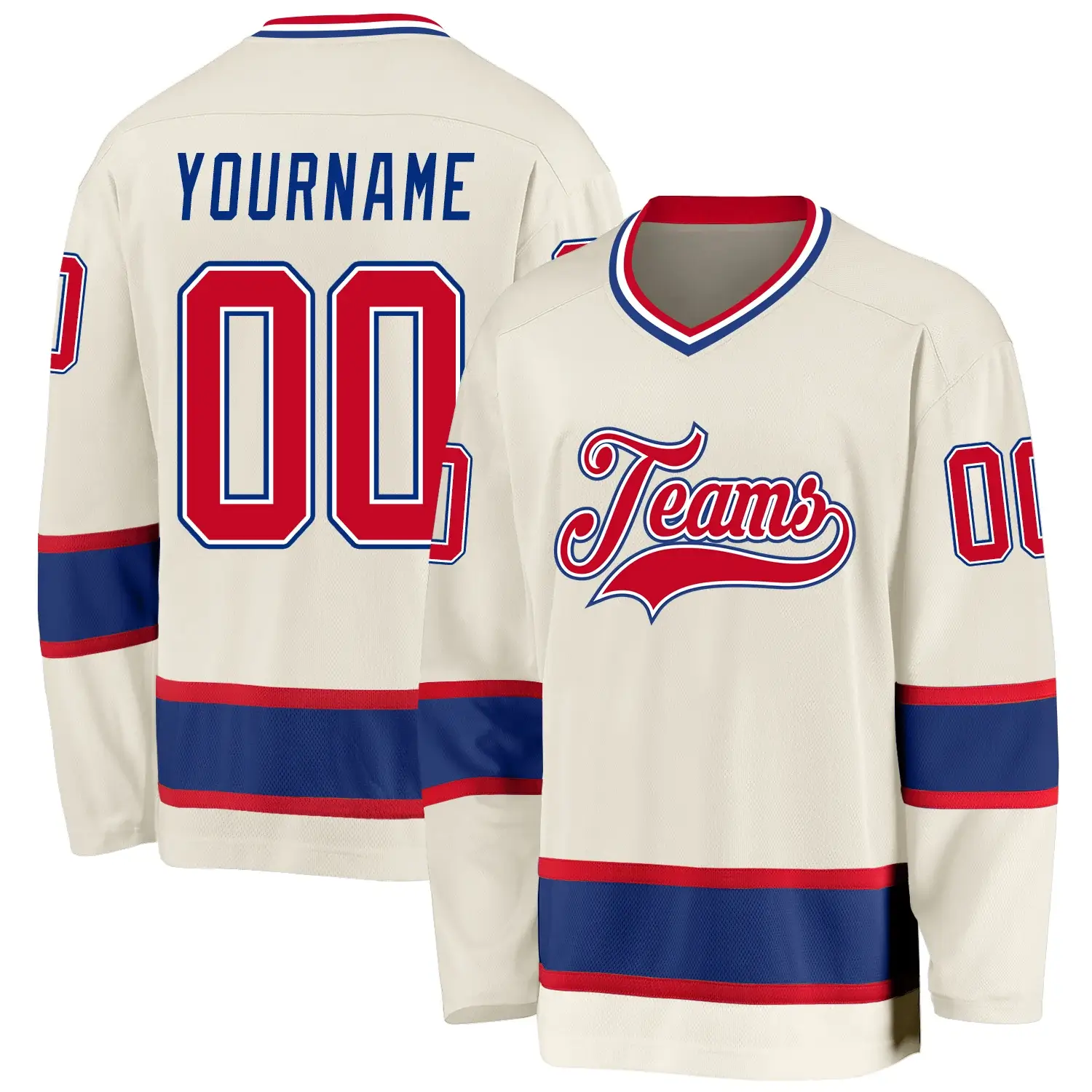 Custom Cream Hockey Jersey with Red-Royal