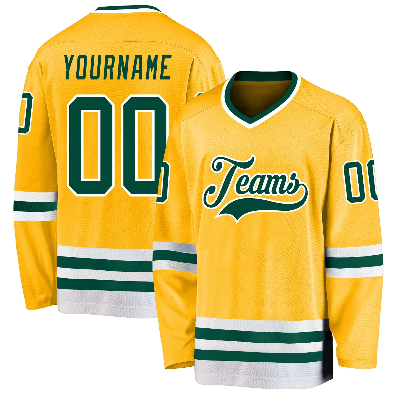 Custom Gold Hockey Jersey with Green-White